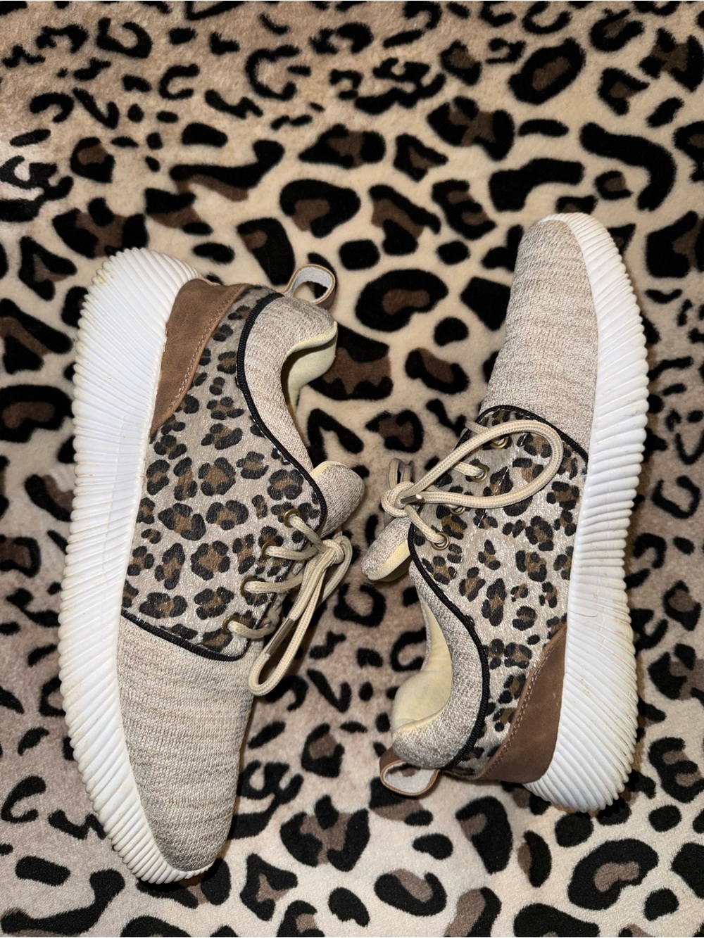 Marley Lily Women's Leopard Print Knit Lace-Up Sneakers - Beige Brown